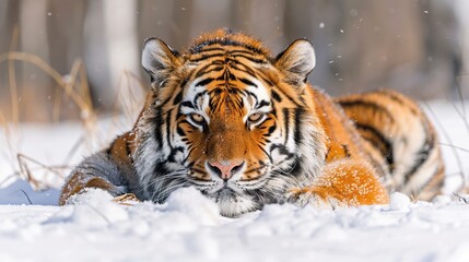 Obraz premium A tiger lying in the snow, looking at the camera with a calm expression.