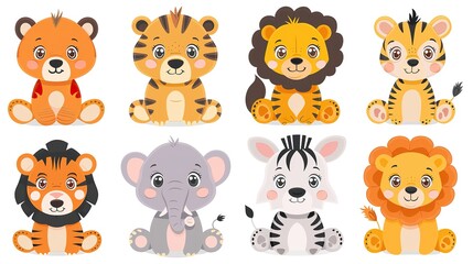 A set of cute cartoon animals. Vector illustration of a lion, tiger, zebra, and elephant.