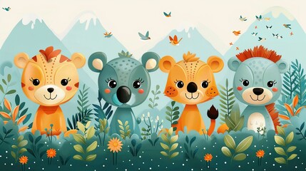 Four cute animals in the jungle: a lion, a koala, a tiger, and a bear.