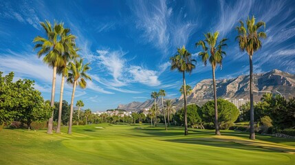 scenic golf course fairway with palm trees in albir alicante spain landscape
