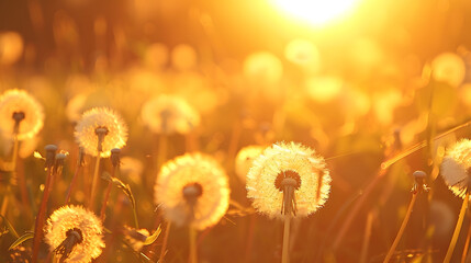 Fluffy dandelions glow in the rays of sunlight at sunset in nature on a meadow Beautiful dandelion flowers in spring in a field closeup in the golden rays of the sun : Generative AI