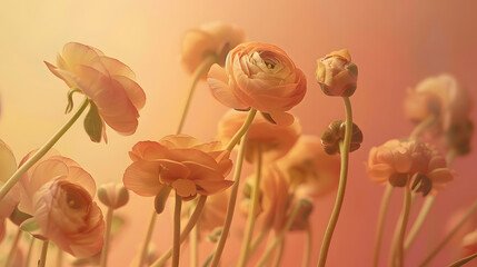 Obraz premium Flowers and buds of apricotcolored ranunculus on stems on a background of apricot crush color Delicate floral background in the trend color of the year 2024 peach fuzz pantone : Generative AI