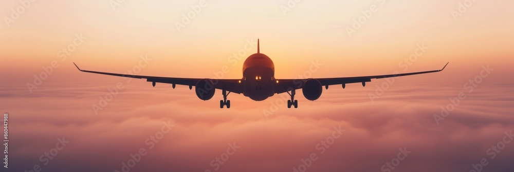 Poster a silhouette of an airplane in flight against a backdrop of a vibrant sunset sky. generative ai
