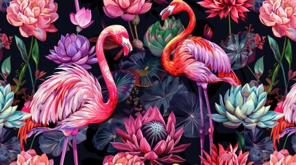 seamless pattern with pink flamingos violet lotus flowers and colorful protea on floral motif background digital art