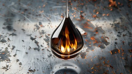 A floating macro shot of an oil droplet with flames inside set against a sleek steel background ideal for studio photography