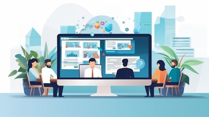 A digital workspace setup where individuals are participating in a virtual meeting, rendered on a large computer monitor showing various chat windows and information overlays.