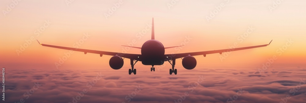 Poster A minimalistic silhouette of an airplane flying through pink clouds against a setting sun. Generative AI