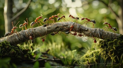 Close-up of ants crossing a log bridge in a lush green forest, symbolizing teamwork, cooperation, and the complex social structures of insect communities.