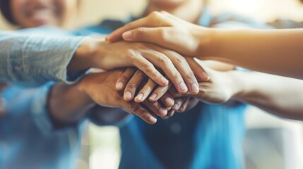 This image showcases several hands placed on top of each other, representing teamwork, unity, collaboration, and mutual support, essential in any group effort.
