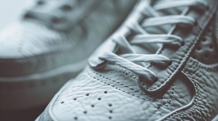 Closeup white shoe has a leather sole and a white lace