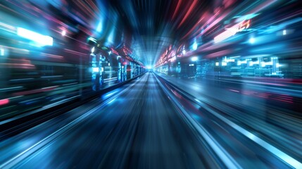 Image illustrating fast-paced neon lights moving along a linear path in a futuristic tunnel, evoking a sense of speed and advanced technology that shapes modern transport.