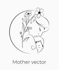 Handdrawn line art style mom and baby illustration art.
