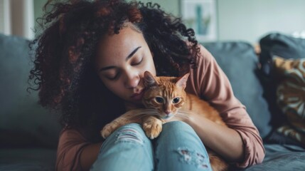 A woman with curly hair is hugging her ginger cat while sitting cross-legged on a sofa, creating a warm and inviting atmosphere in a cozy living room.