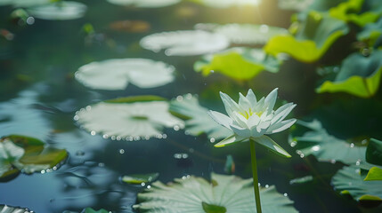beautiful  White Lotus Flower with green leaf in in pond : Generative AI