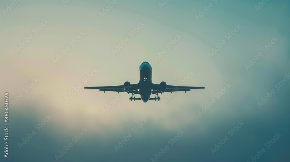 Poster A minimalist silhouette of an airplane in flight against a hazy sky. Perfect for airlines and flight booking agencies. Generative AI