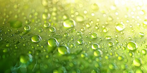 Close-up of sparkling green water droplets on a surface, reflecting light.