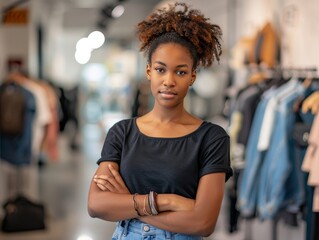 Fototapeta premium Proud Black Woman Standing in Fashion BoutiqueStylish Clothing Selection
