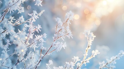 A frosty winter landscape with a clear blue sky and bright sunshine.