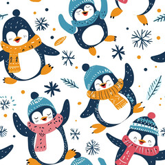 Cute Seamless Pattern with Laughing Penguins