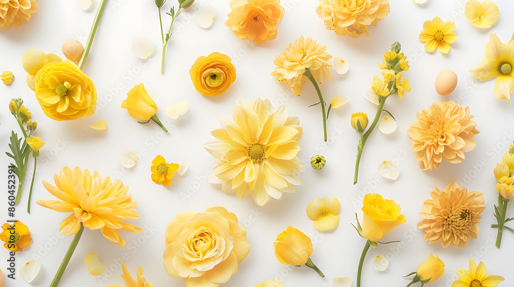 Poster flowers composition frame made of various yellow flowers on white background easter spring summer co