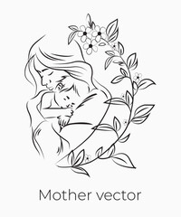 Handdrawn line art style mom and baby illustration art.