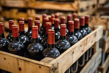 The wooden crate contains several bottles of wine from a winery. Each glass bottle is sealed with a bottle cap or stopper, ready to be enjoyed at a drinking establishment or at home.