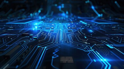 Fototapeta premium Abstract blue circuit board with many small lights on it background