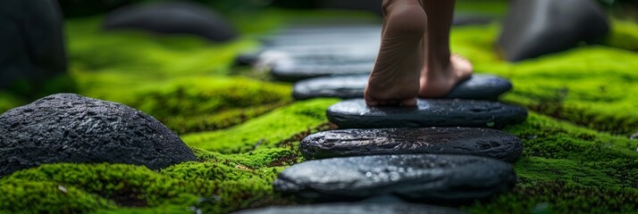 A close-up image of a persons feet walking on a winding path of stepping stones, surrounded by lush green moss