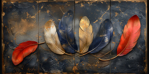 panel wall art, wall decoration, marble background with feather designs