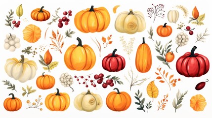 A detailed illustration displaying various types of pumpkins along with fall leaves on a white background, ideal for autumn-themed graphics or Thanksgiving decorations.