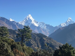 Ama Dablam Himalayan Mountain Landscape Scenery Photo Snowy Peak Summit View.