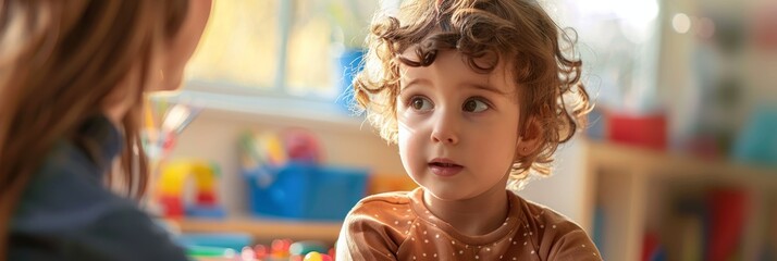A closeup photo of a young child engaged in speech therapy with a female speech therapist in a classroom setting. The child is looking intently at the therapist