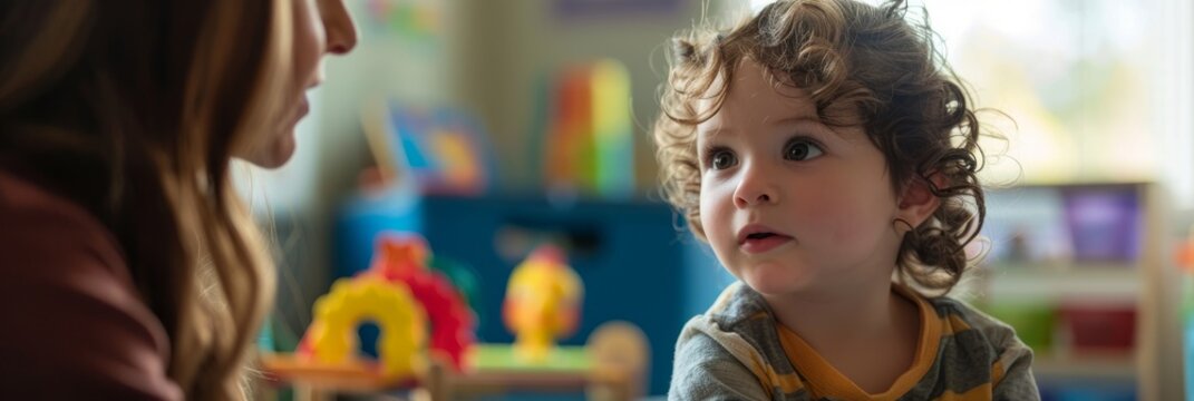 A young child sits in a colorful playroom and looks attentively at a female speech therapist