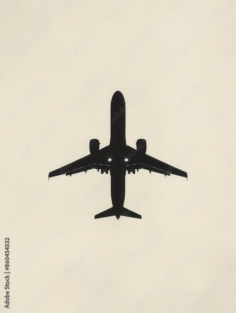 Poster a minimalist silhouette of an airplane in flight against a pale sky. this image is perfect for airli