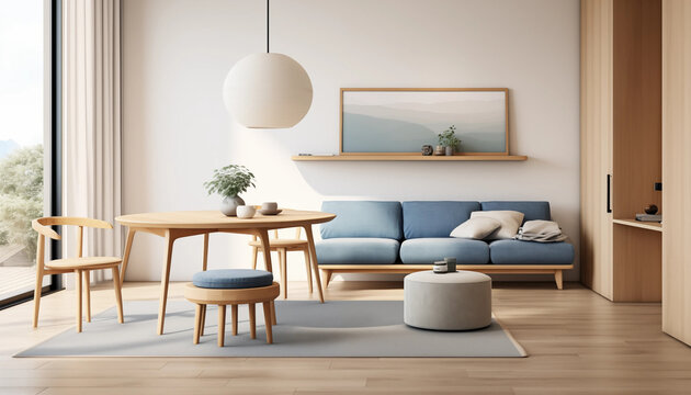Round wood table with chairs and blue sofa in bright minimal home interior with large windows