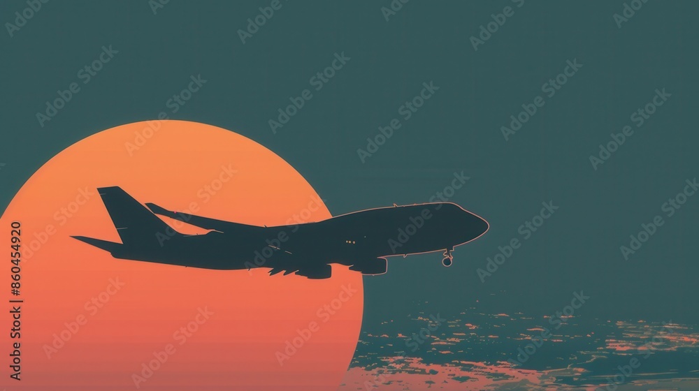 Poster a minimalist silhouette of an airplane in flight, passing in front of a large, setting sun. perfect 