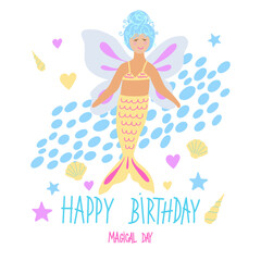 Cute little mermaid clipart. Vector illustration. Kids birthday invation. Childrens magic posters, cards. 