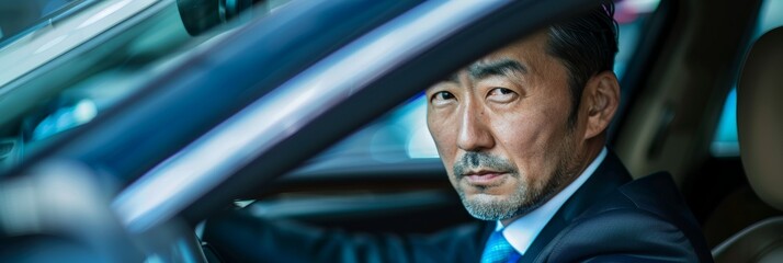 A Japanese businessman sits confidently in a luxury car during a corporate meeting. The high-angle shot captures his determined expression