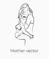 Handdrawn line art style mom and baby illustration art.