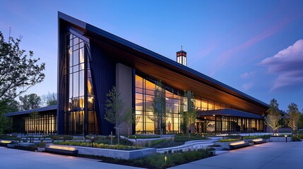 Obraz premium Modern Architectural Building at Dusk A Stunning Modern Architectural Building with Elegant Design and Warm Lighting, Showcasing a Modern Architectural Building in Contemporary Landscaping