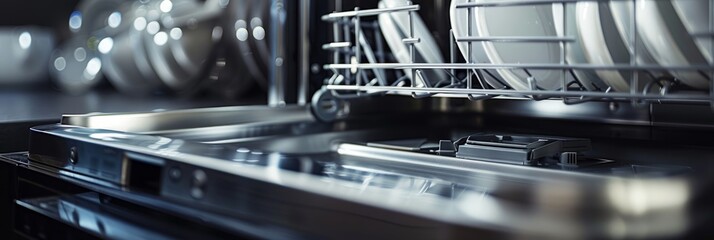 A low-angle shot of a modern dishwasher with its door partially open, revealing a rack full of clean dishes inside