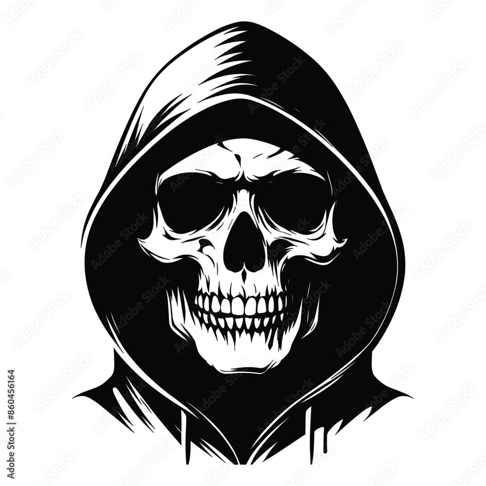Wall mural Skull wearing hoodie silhouette vector illustration isolated on white background - Wall murals