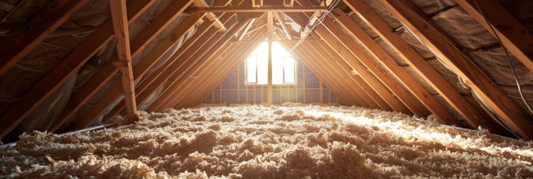 A wide-angle shot of an attic space with recently installed thermal insulation, showcasing the neat arrangement of the insulation material