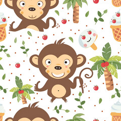 Cute Seamless Pattern with Monkey and Ice Cream