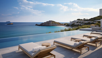 Fototapeta premium Modern villa with swimming pool and sun loungers overlooking the sea