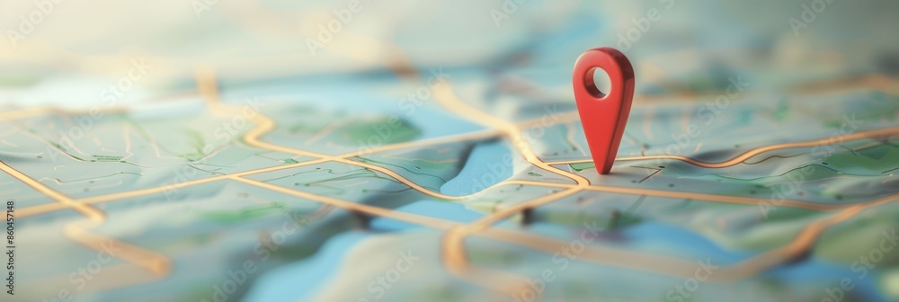 Poster a modern, clean background featuring a red location pin placed on a detailed map. perfect for naviga