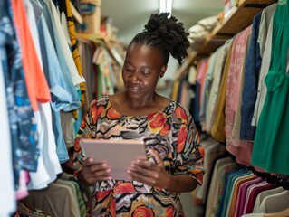 Fototapeta premium Black businesswoman using digital tablet to manage small business at desk.