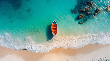 Fototapeta premium Aerial view of a boat on a pristine beach with turquoise waters. Generative AI 