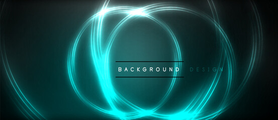 Neon glowing circle rays, light round lines in the dark, planet style neon wave lines. Energetic electric concept design for wallpaper, banner, background