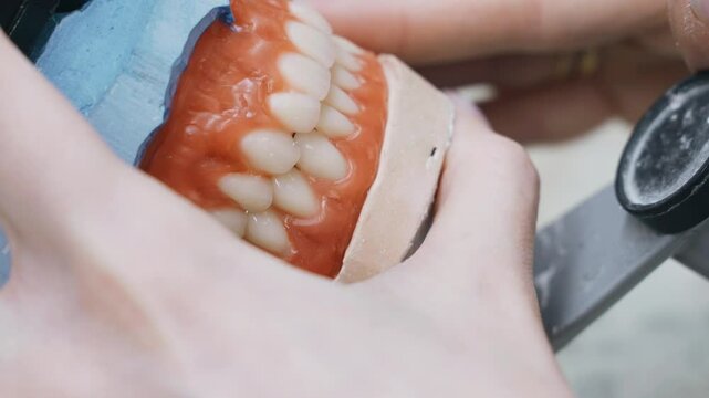 A dental technician carefully manufactures a prosthesis in a close-up shot.